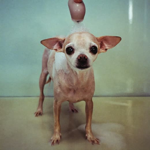 A small dog being bathed and shampooed